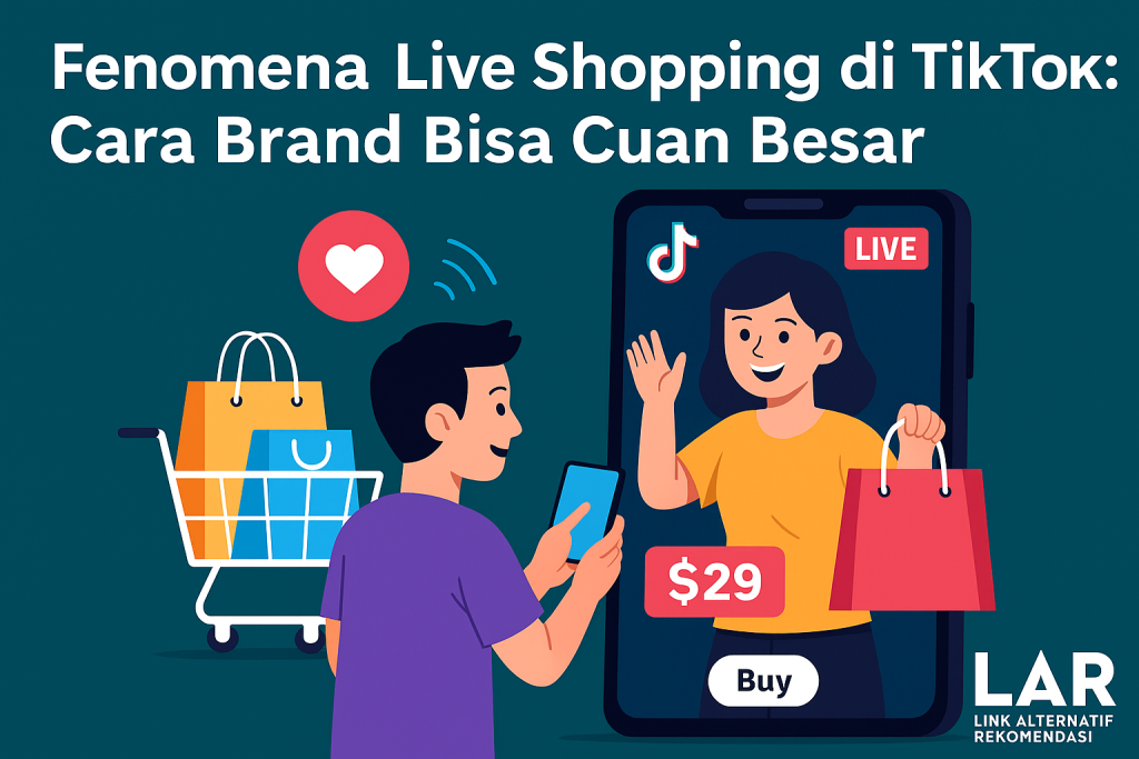 Ilustrasi fenomena TikTok Live Shopping dengan nuansa branding LAR (Link Alternatif Rekomendasi)
