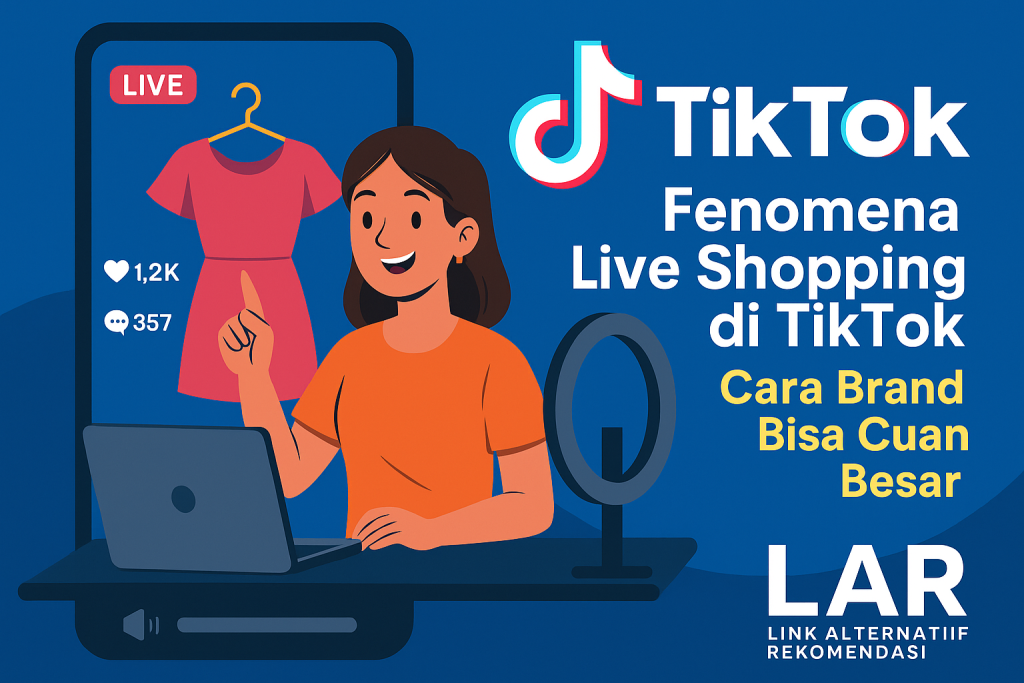 Ilustrasi seller sedang melakukan TikTok Live Shopping dengan penonton aktif dan branding LAR (Link Alternatif Rekomendasi)